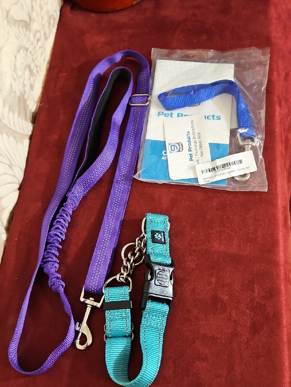 Adjustable Teal Dog Collar with Quick-Release Buckle and Purple Leash And 9 Inch